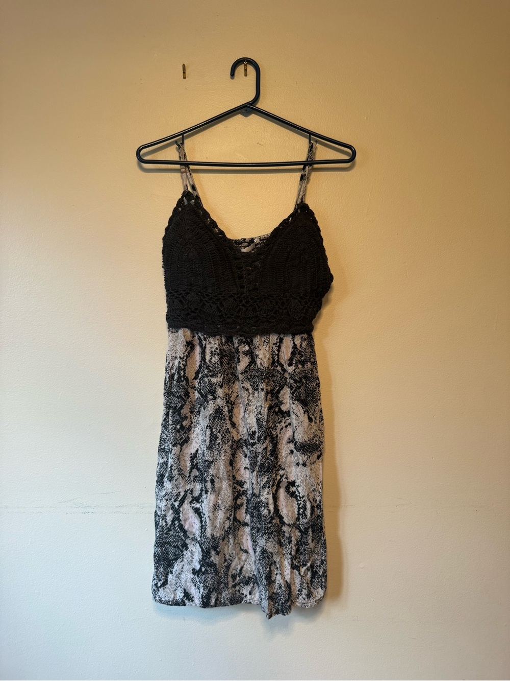 Crochet-Bodice Mini Dress in Black and White